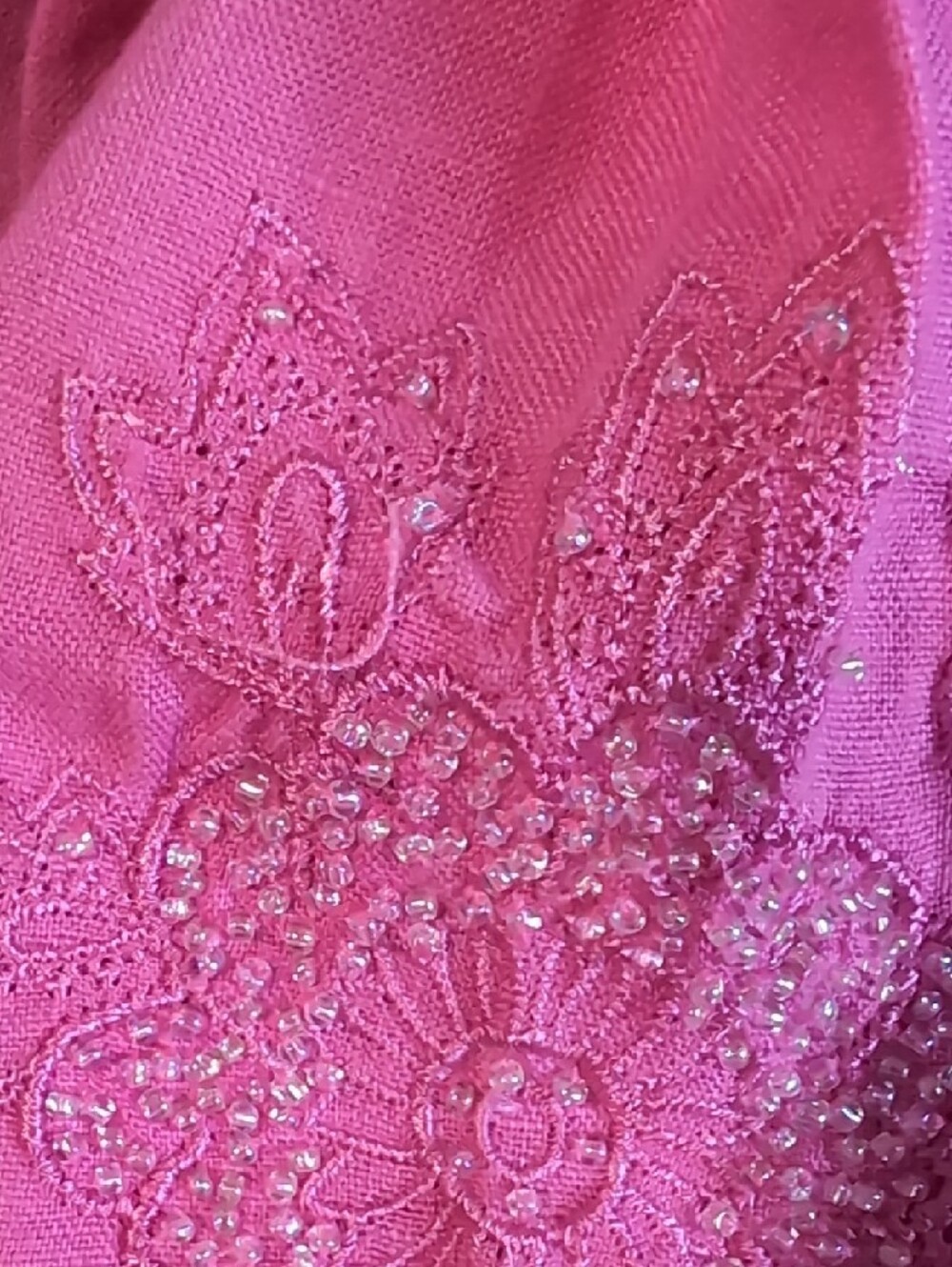 Vintage Linen Hot Pink Button-Down Shirt with Embroidered Sleeves